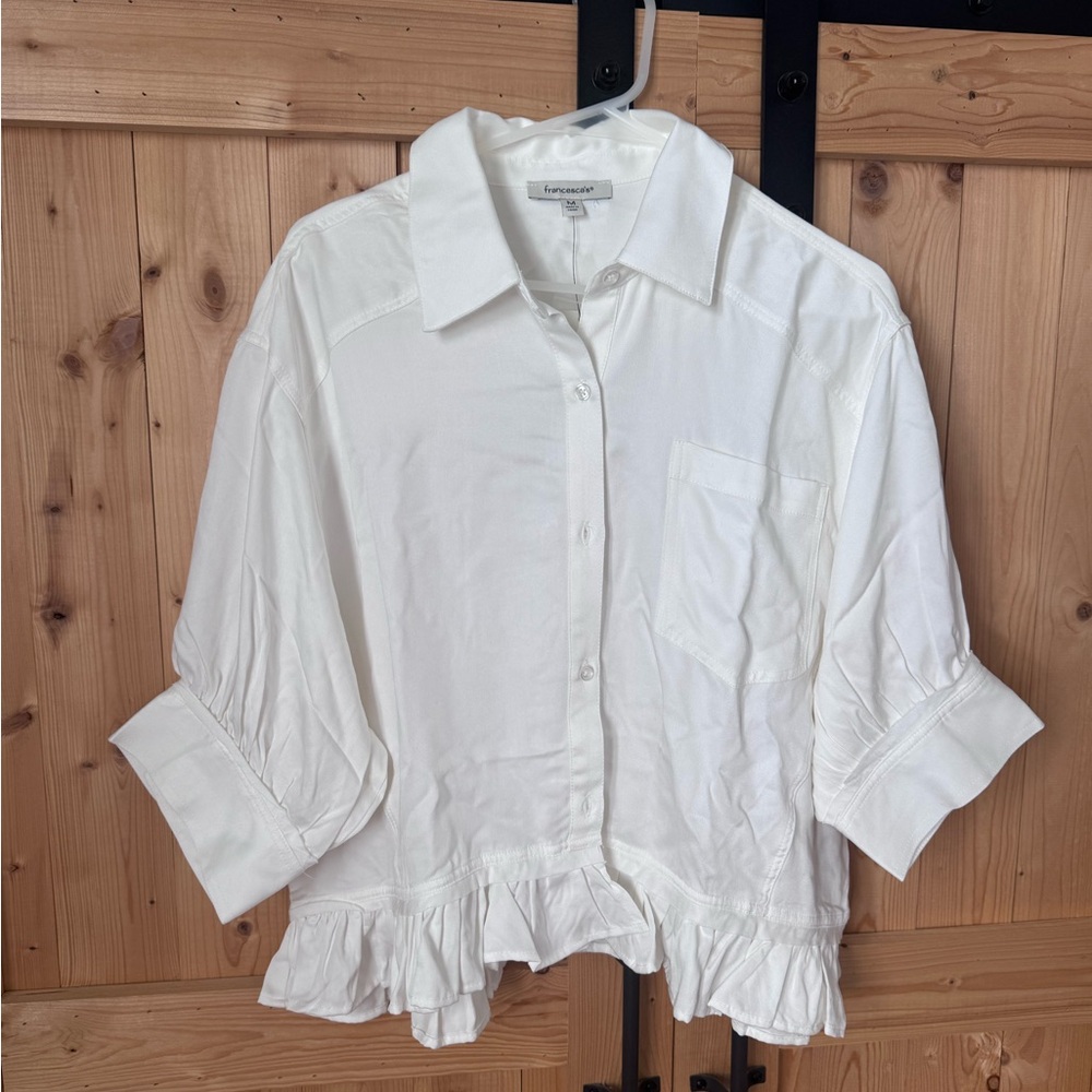 Francesca's Collections Ruffled White Button Down Shirt - Picture 3 of 5
